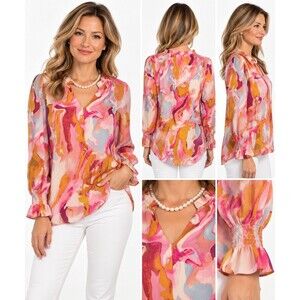 Mascomoda Women’s Small Abstract Watercolor Blouse Pink Orange Ruffle Smocked